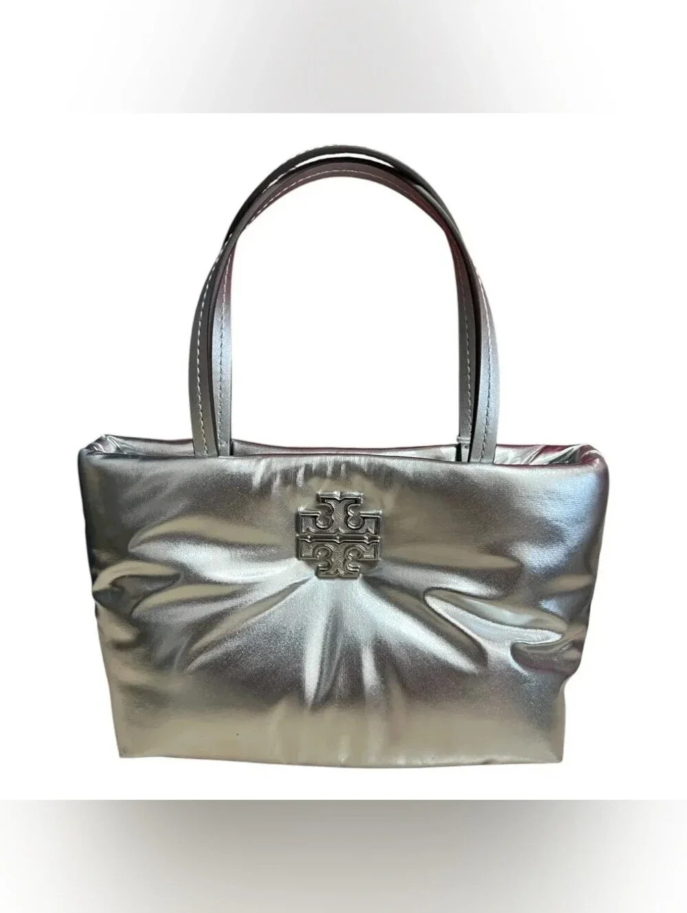 Tory Burch Britten Metallic Puffy Mini Tote Silver Crossbody New